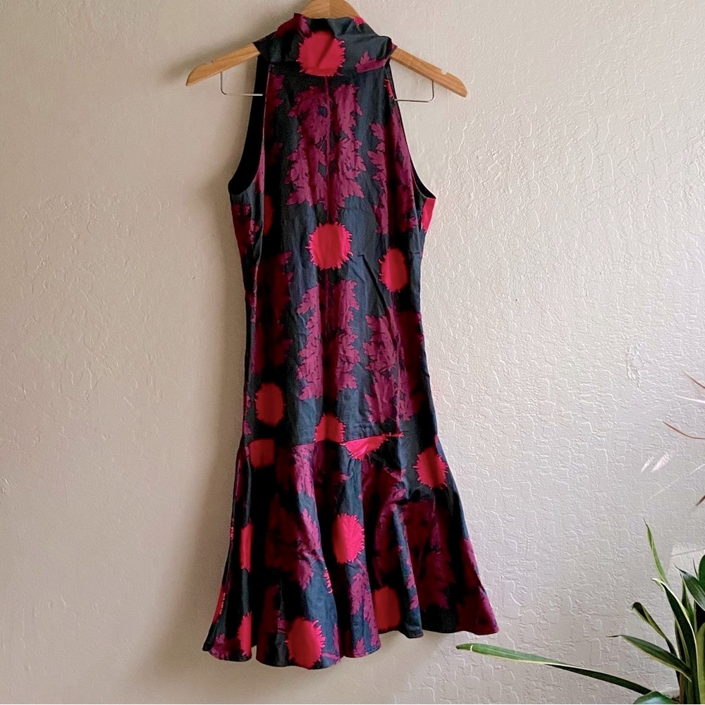 Vintage Marimekko Drop Waist Mock Neck Sleeveless Floral Dress with Bow